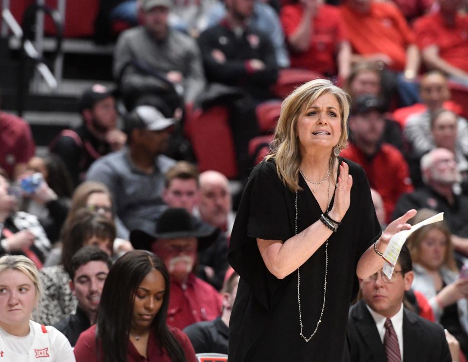 Texas Tech's head coach Krista Gerlich claps on the sidelines during the Women's National Invitation Tournament first round game against UTEP, Thursday, March 16, 2023, at United Supermarkets Arena. 