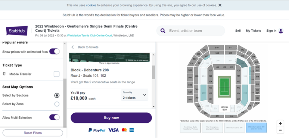 Tickets were being sold for £18,000 (StubHub screenshot)