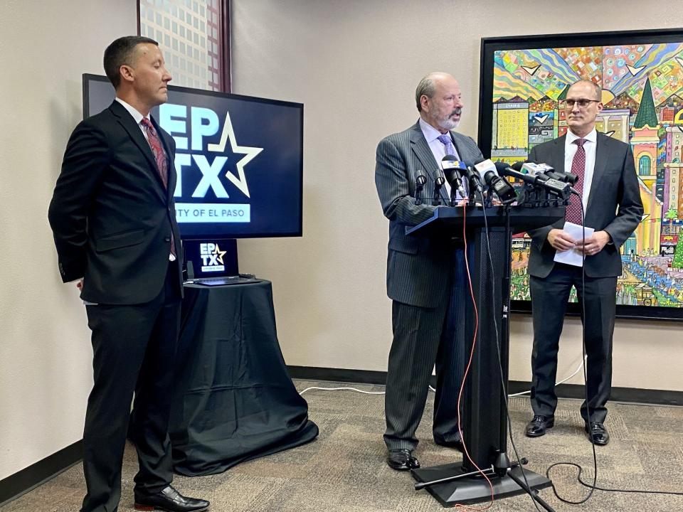 City Chief Financial Officer Robert Cortinas (left) and Interim City Manager Cary Westin (right) listen as Mayor Oscar Leeser speaks during a news conference Monday, August 14, 2023, to tout the no-new revenue budget the El Paso City Council passed the following day.
