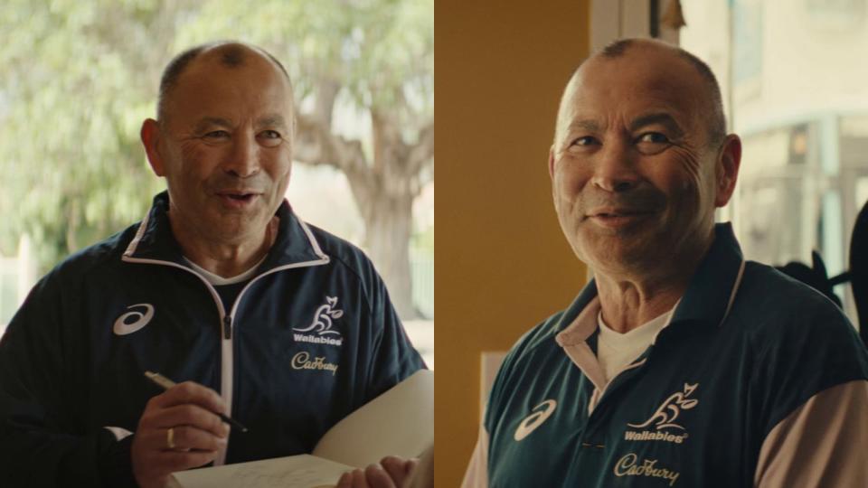 Screenshots of Eddie Jones featuring in adverts to encourage fans to get behind the Wallabies for the Rugby World Cup Credit: Alamy