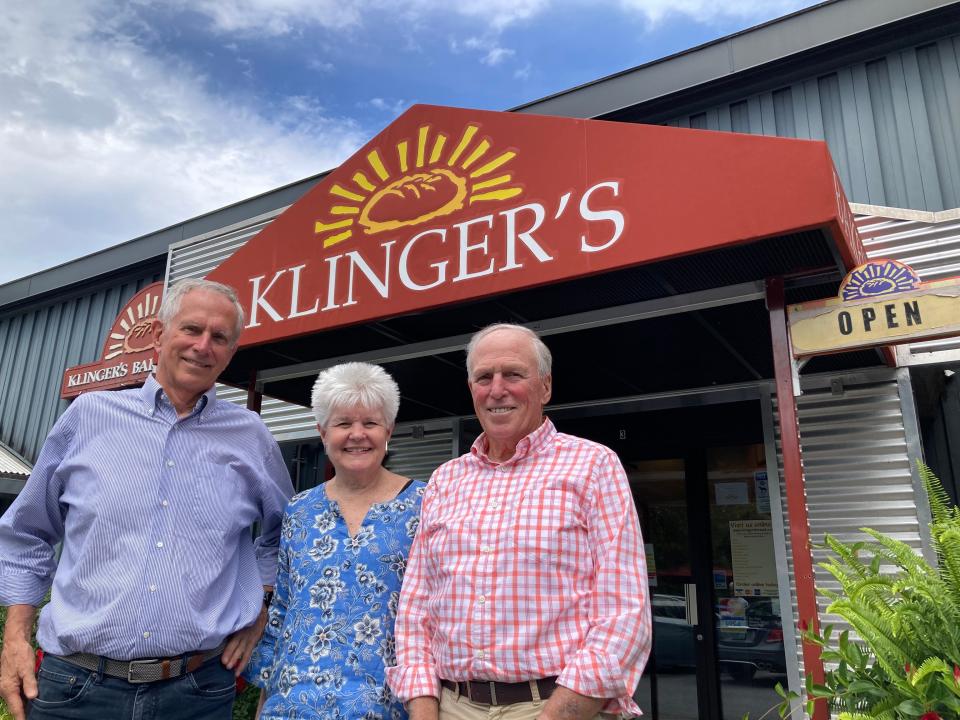 From left to right, Klinger's Bread Co. owners Ed, Judy and Dave Klingebiel stand outside the South Burlington business Aug. 15, 2023.