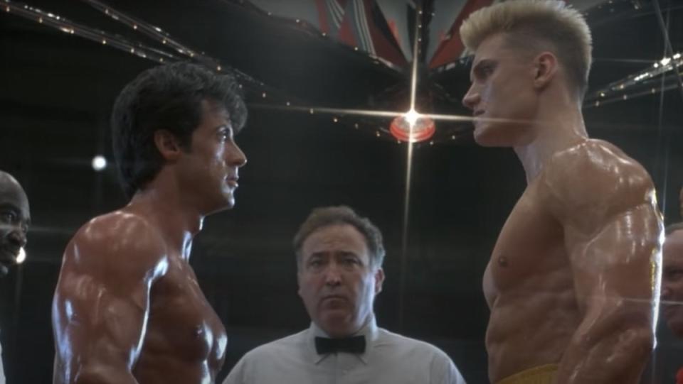 Rocky and Drago face each other before their match in Rocky IV