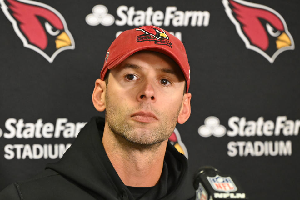 Arizona Cardinals head coach Jonathan Gannon speaks to reporters after an NFL football game against the Cleveland Browns Sunday, Nov. 5, 2023, in Cleveland. (AP Photo/David Richard)