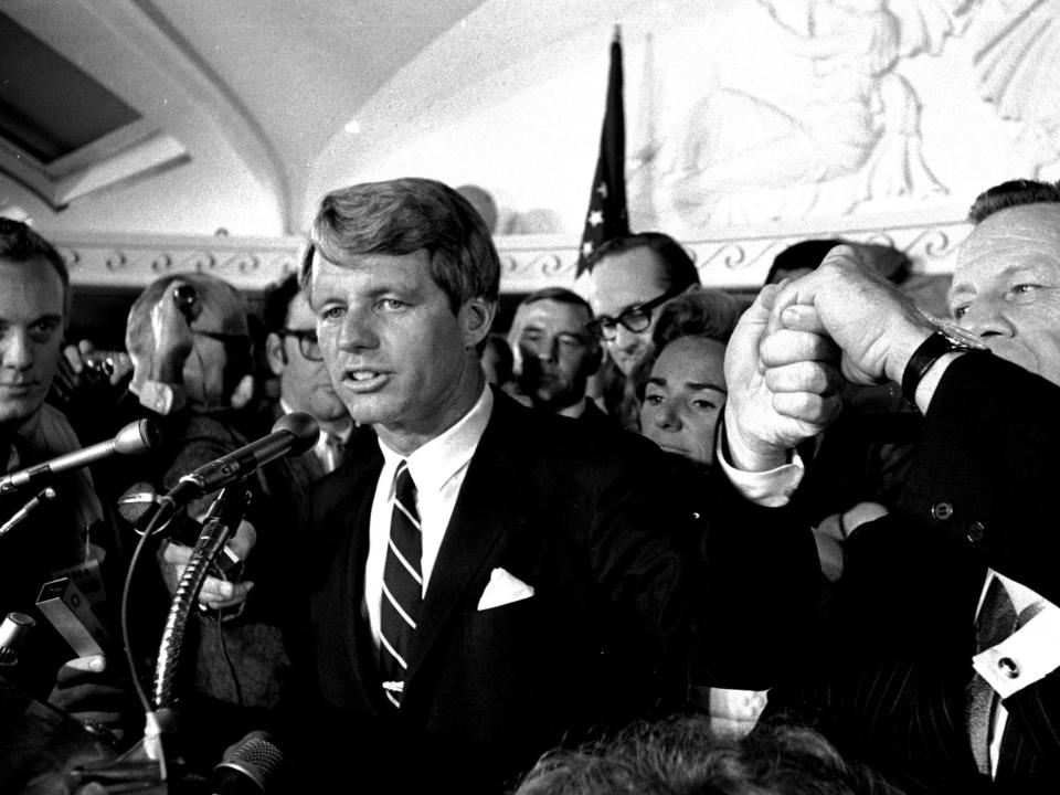 Robert F. Kennedy speaks at the Ambassador Hotel in Los Angeles.