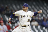 Milwaukee Brewers starting pitcher Brett Anderson throws to the St. Louis Cardinals during the first inning of a baseball game Wednesday, Sept. 22, 2021, in Milwaukee. (AP Photo/Jeffrey Phelps)