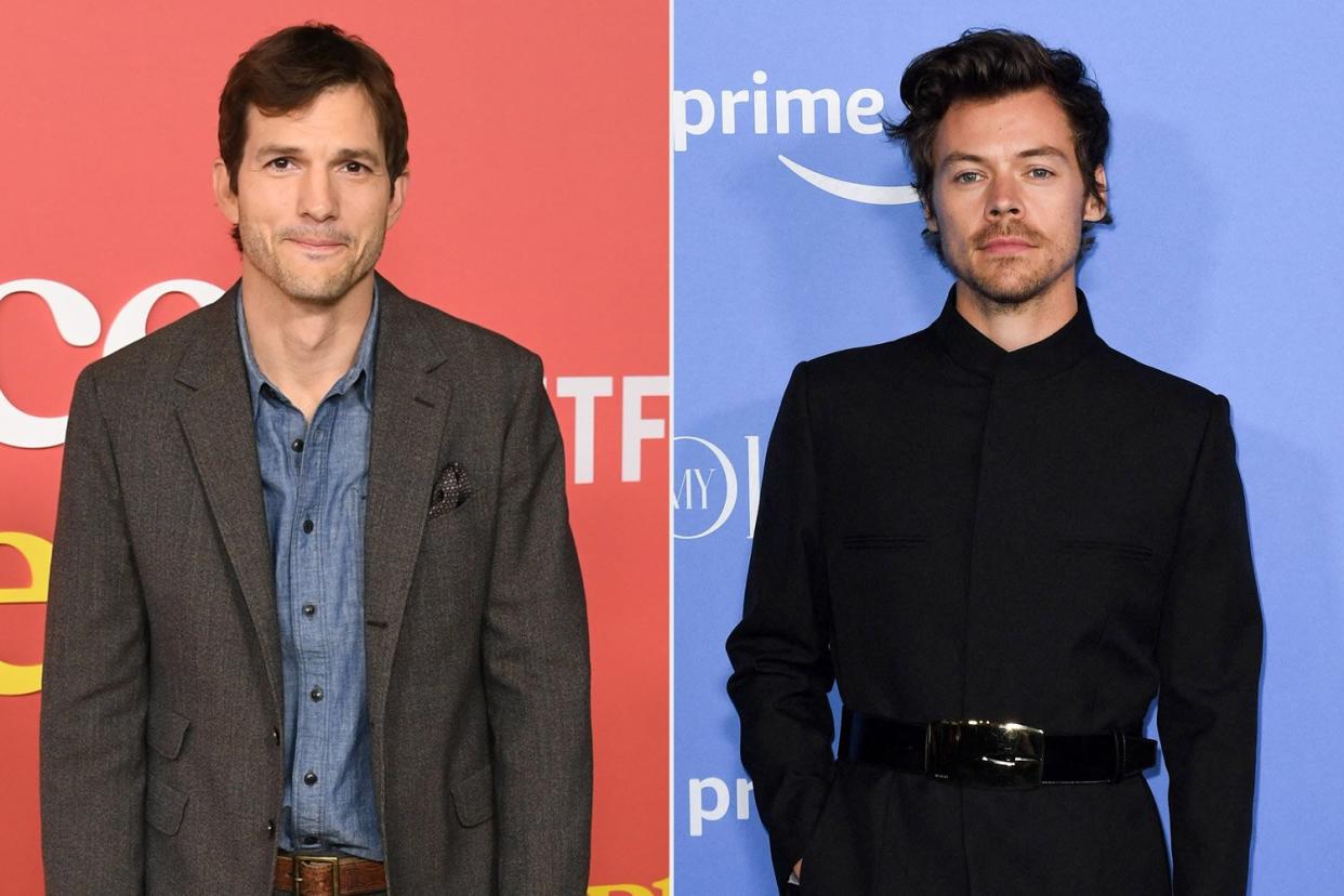 LOS ANGELES, CALIFORNIA - FEBRUARY 02: Ashton Kutcher attends World Premiere Of Netflix's "Your Place Or Mine" at Regency Village Theatre on February 02, 2023 in Los Angeles, California. (Photo by Jon Kopaloff/Getty Images); British singer and actor Harry Styles arrives for the premiere of "My Policeman" at the Regency Bruin Theatre in Westwood, California, on November 1, 2022. (Photo by VALERIE MACON / AFP) (Photo by VALERIE MACON/AFP via Getty Images)