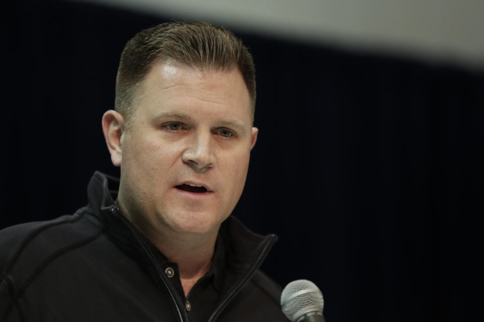 FILE - Green Bay Packers general manager Brian Gutekunst speaks during a press conference at the NFL football scouting combine in Indianapolis, in a Wednesday, Feb. 27, 201 file photo. Green Bay general manager Brian Gutekunst says Devin Funchess’ decision to opt out for this season due to COVID-19 concerns isn’t necessarily causing the Packers to get more aggressive in seeking help at the wide receiver position. (AP Photo/Michael Conroy, File)