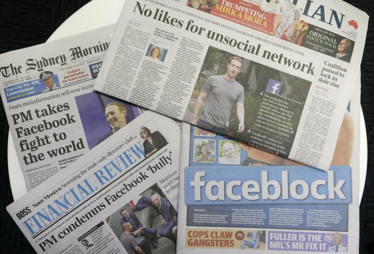 <span class="caption">Facebook's decision to shut off sharing of Australian news made headlines across the nation.</span> <span class="attribution"><a class="link " href="https://newsroom.ap.org/detail/AustraliaDigitalPlatforms/5508e6ba66f44b319f785aa5c4a37cdc/photo" rel="nofollow noopener" target="_blank" data-ylk="slk:AP Photo/Rick Rycroft;elm:context_link;itc:0;sec:content-canvas">AP Photo/Rick Rycroft</a></span>