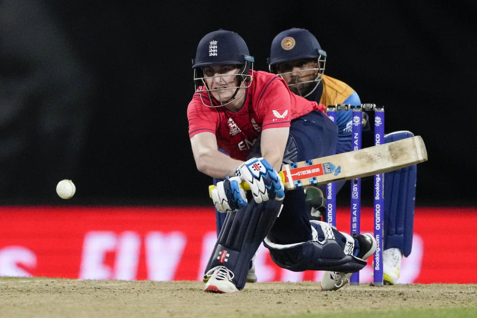 England's Harry Brook bats during the T20 World Cup cricket match between England and Sri Lanka in Sydney, Australia, Saturday, Nov. 5, 2022. (AP Photo/Rick Rycroft)