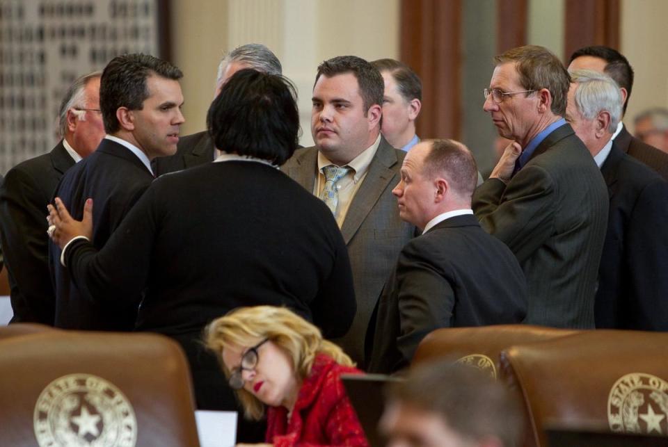 Group of State Representatives from both parties gather on February 21st, 2013 including Mark Strama D-Austin, Yvonne Davis D-Dallas, Byron Cook R-Corsicana, Jonathan Stickland R-Bedford and Kenneth Sheets R-Dallas