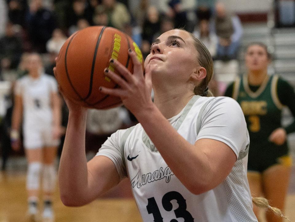 Squan Hope Masonius drives in with a shot. Red Bank Catholic vs Manasquan in SCT Girls Basketball Semifinal on February 15, 2024 in Red Bank. NJ.