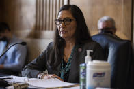 Rep. Deb Haaland, D-N.M., speaks during a Senate Committee on Energy and Natural Resources hearing on her nomination to be Interior Secretary, Tuesday, Feb. 23, 2021 on Capitol Hill in Washington. (Graeme Jennings/Pool via AP)