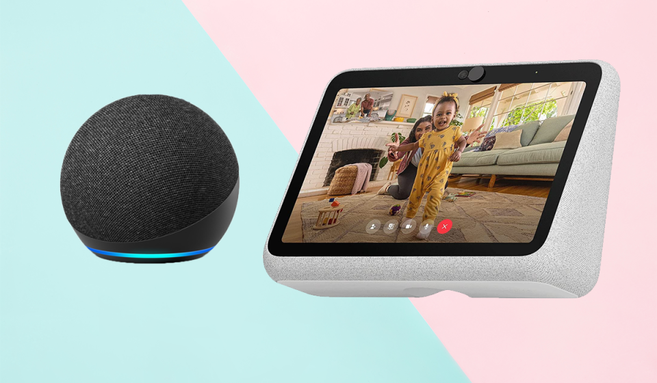 An Amazon Echo Dot next to a Meta Portal Go smart display