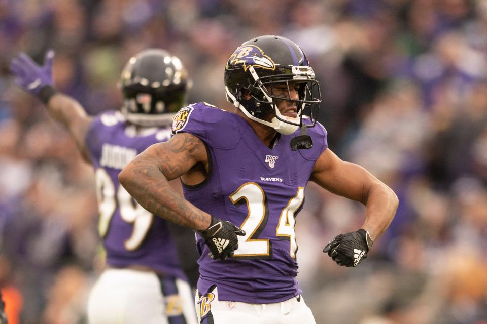 Ravens cornerback Marcus Peters is still trying to get back into pre-2021 injury form.