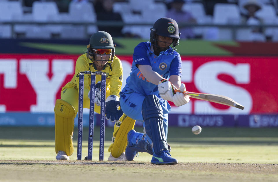 India's Deepti Sharma in action against Australia during the Women's T20 World Cup semi final cricket match in Cape Town, South Africa, Thursday Feb. 23, 2023. (AP Photo/Halden Krog)
