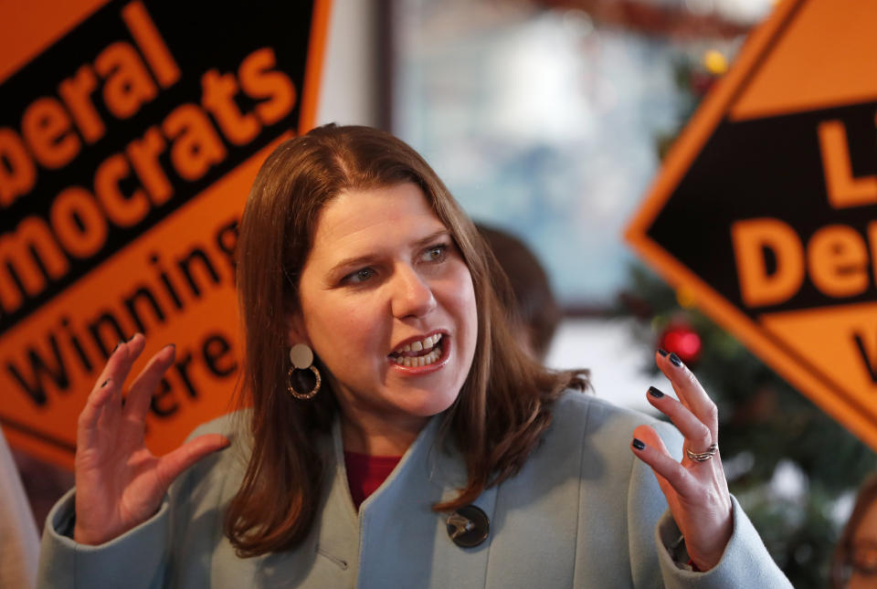 British opposition Liberal Democrats Party Leader Jo Swinson speaks as she joins activists for a final day election rally in Guildford, England, Wednesday, Dec. 11, 2019 during the General Election campaign tour. Britain goes to the polls on Dec. 12.(AP Photo/Frank Augstein)