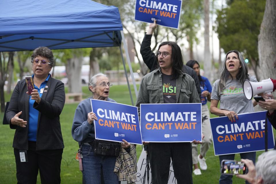 Protesters demand better clean air standards at the Arizona Capitol in Phoenix on March 20, 2023. Organizers were calling for stronger state protections from air pollution and particulate matter.