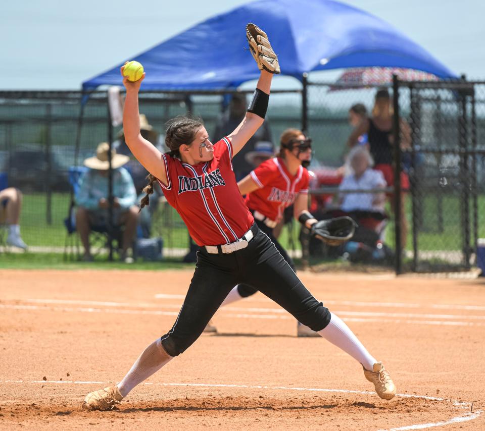 Fort White's Kadence Compton (24) pitches during the 1A state semifinal game between Fort White High School and Cross City Dixie County High School at Legends Way Ball Fields in Clermont on Tuesday, May 24, 2022. [PAUL RYAN / CORRESPONDENT]