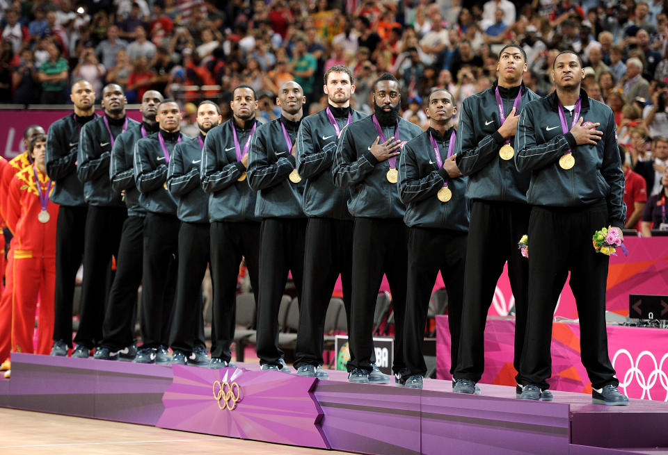 Gold medallists the United States pose on the podium during the medal ceremony for the Men's Basketball on Day 16 of the London 2012 Olympics Games at North Greenwich Arena on August 12, 2012 in London, England. (Photo by Harry How/Getty Images)