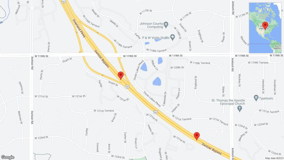 A detailed map that shows the affected road due to 'Lane on US-69 closed in Overland Park' on September 18th at 10:02 p.m.