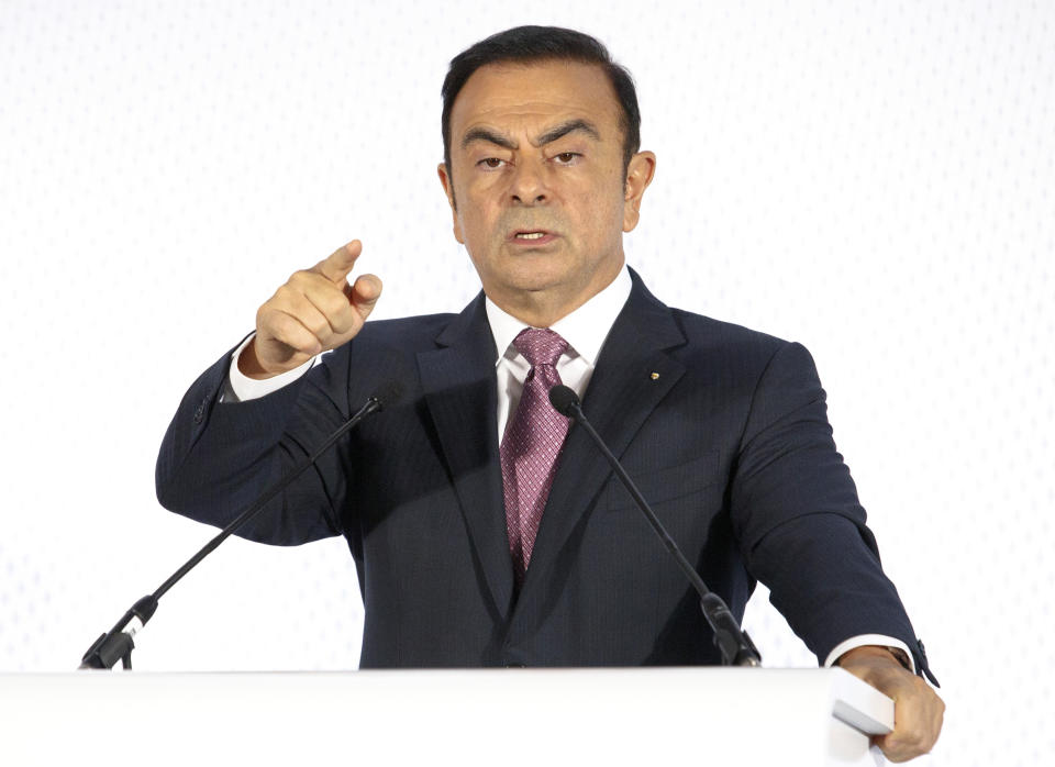 FILE - In this Feb. 12, 2015, file photo, Chairman and CEO of Renault-Nissan Carlos Ghosn addresses media during a press conference held in Paris. The board of French carmaker Renault SA plans to meet to choose new leadership to replace auto industry powerhouse Carlos Ghosn, fighting fraud charges in Japan. (AP Photo/Jacques Brinon, File)