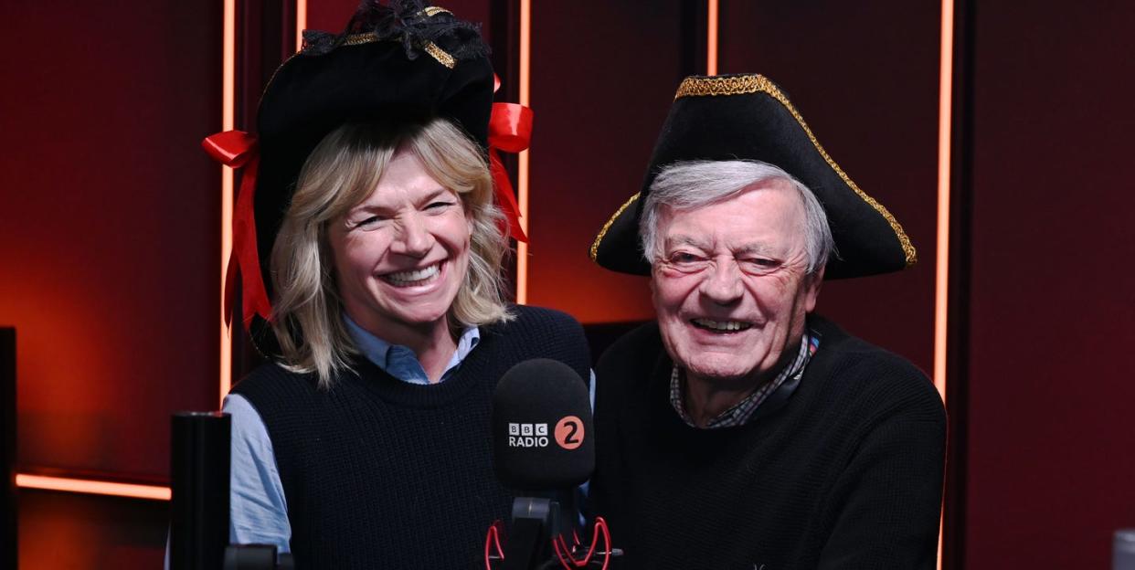 zoe ball and tony blackburn wearing pirate hats on bbc radio 2 pirate radio takeover