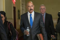 Ted Wells, Jr., the lead attorney for Exxon, leaves Manhattan Supreme court after opening arguments in a lawsuit against Exxon, Tuesday, Oct. 22, 2019, in New York. The lawsuit brought on by New York's attorney general, claims the Texas energy giant kept two sets of books — one accounting for climate change regulations and the other underestimating the costs — to make the company appear more valuable to investors. (AP Photo/Mary Altaffer)