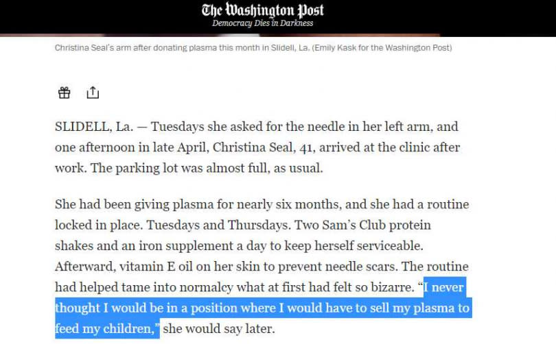 路易斯安那州41歲教師質疑自己為何要淪落到靠著賣血漿讓孩子勉強吃飽。（圖／翻攝自The Washington Post）
