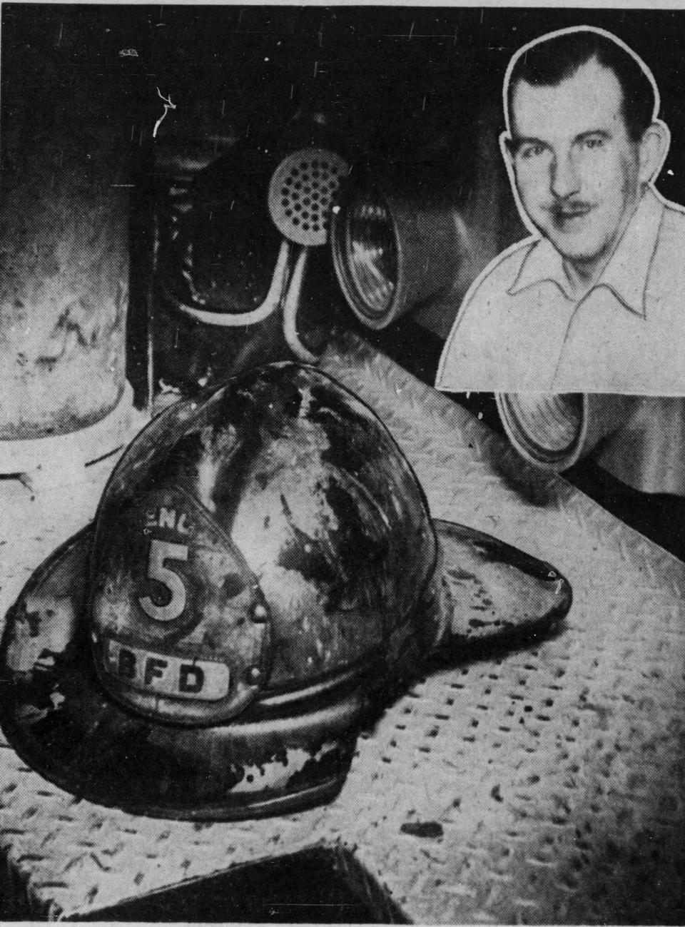 The image of Patrick Ryan and his helmet after the fire in 1951.