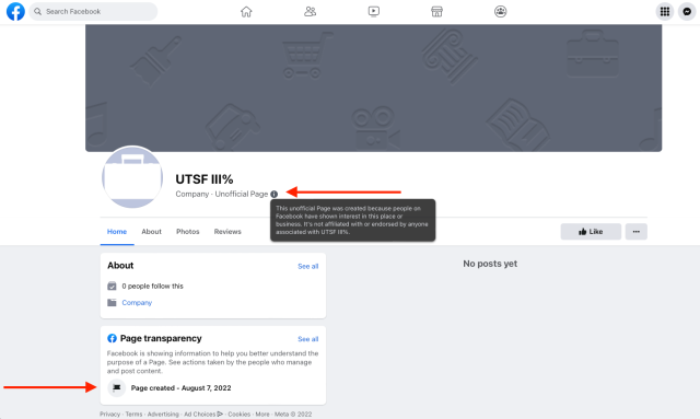 Screenshot of an autogenerated Facebook page marked UTSF III%, with red arrows indicating the date of its creation, Aug. 7, 2022, and a label saying: This unofficial Page was created because people on Facebook have shown interest in this place or business. ...