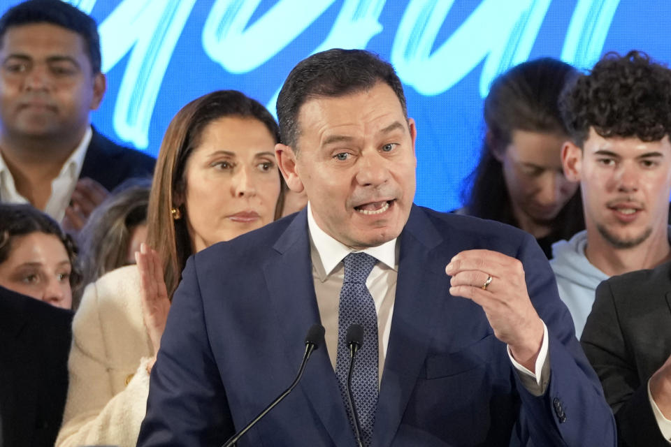 Luis Montenegro, leader of the center-right Democratic Alliance, delivers a speech to supporters claiming victory in Portugal's election, in Lisbon, Monday, March 11, 2024. AP Photo/Armando Franca)