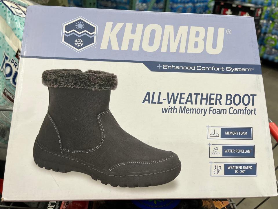 Black boot in blue and white box at costco