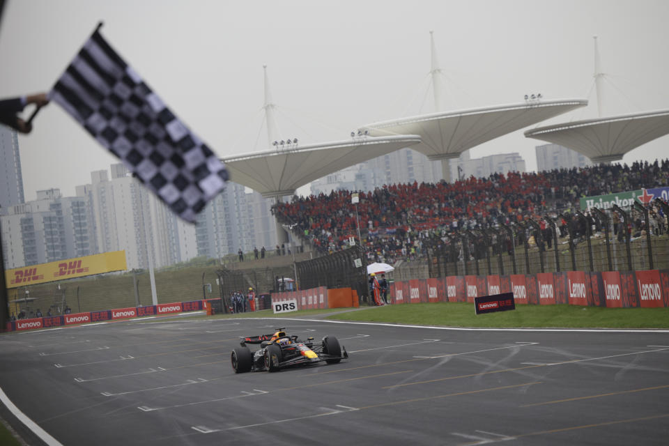 Red Bull driver Max Verstappen of the Netherlands crosses the finish line to win the Chinese Formula One Grand Prix at the Shanghai International Circuit, Shanghai, China, Sunday, April 21, 2024. (Andres Martinez Casares/Pool Photo via AP)