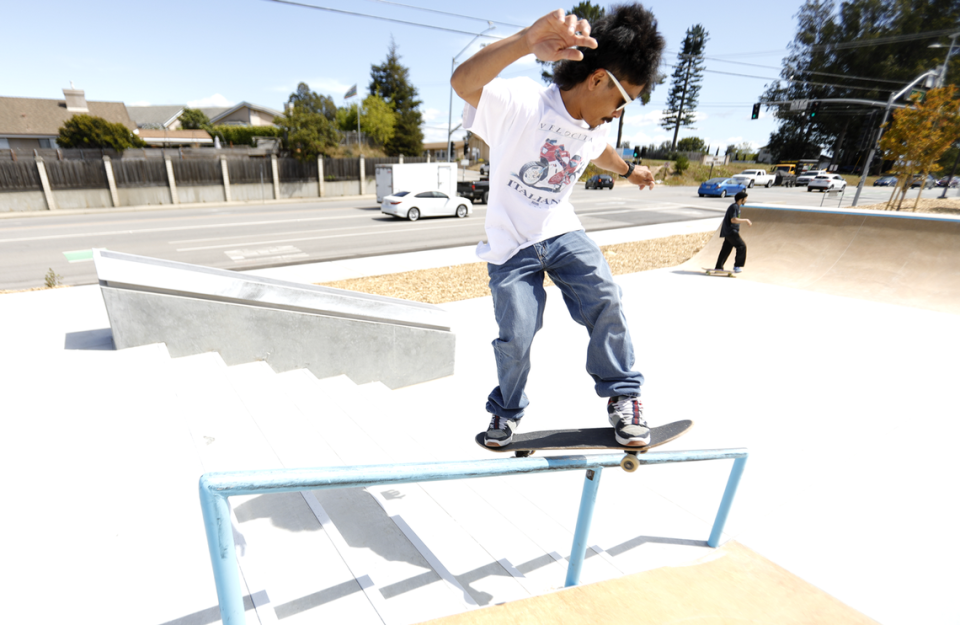 Jason Bautista of Santa Maria executes a perfect rail slide at the new Nipomo Skate Park located on Tefft Street and Orchard Road, on Friday, May 5, 2023.