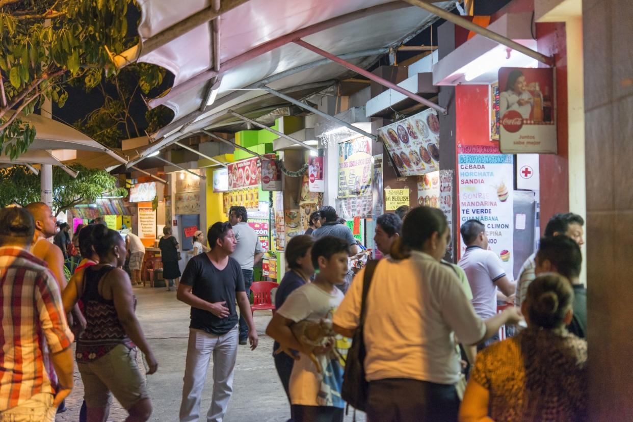 food vendors in street market in downtown Cancun