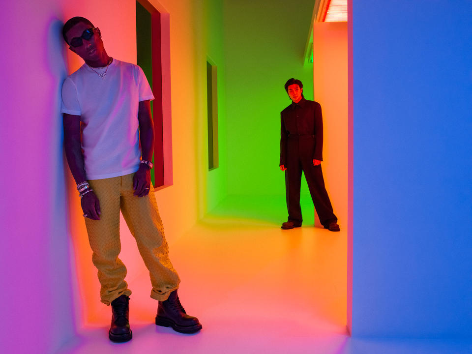 RM and Pharrell Williams photographed at MOCA in Los Angeles on Sept. 15, 2022.