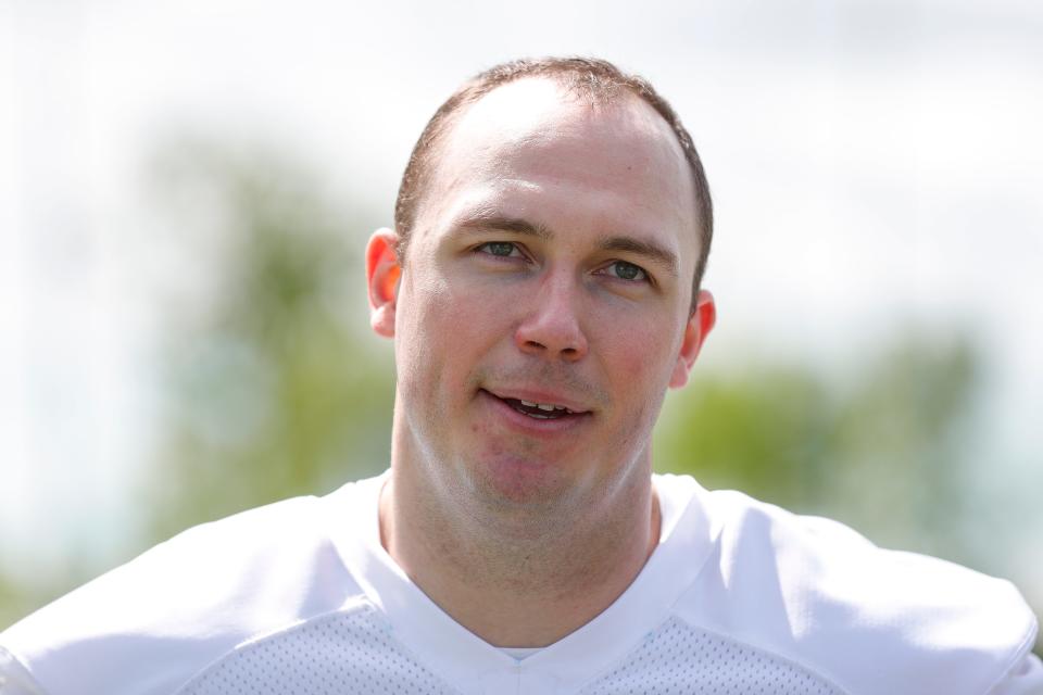 Detroit Lions defensive lineman Mathieu Betts (95) is being interviewed during rookie minicamp at Detroit Lions headquarters and practice facility in Allen Park on Friday, May 10, 2024.