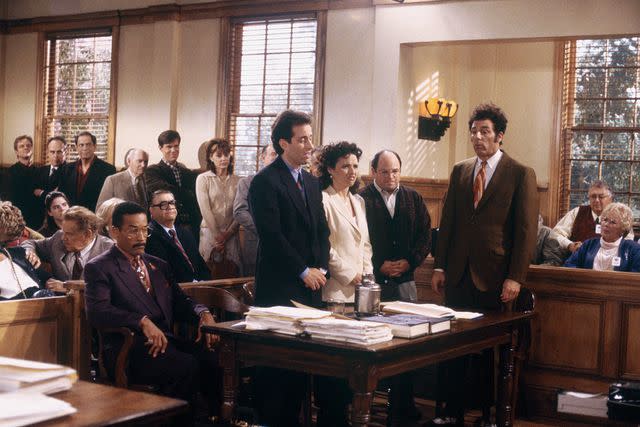 <p>Joey Delvalle/NBCU Photo Bank/NBCUniversal via Getty</p> Phil Morris as Jackie Chiles, Jerry Seinfeld as Jerry Seinfeld, Julia Louis-Dreyfus as Elaine Benes, Jason Alexander as George Costanza, Michael Richards as Cosmo Kramer in the finale of 'Seinfeld'