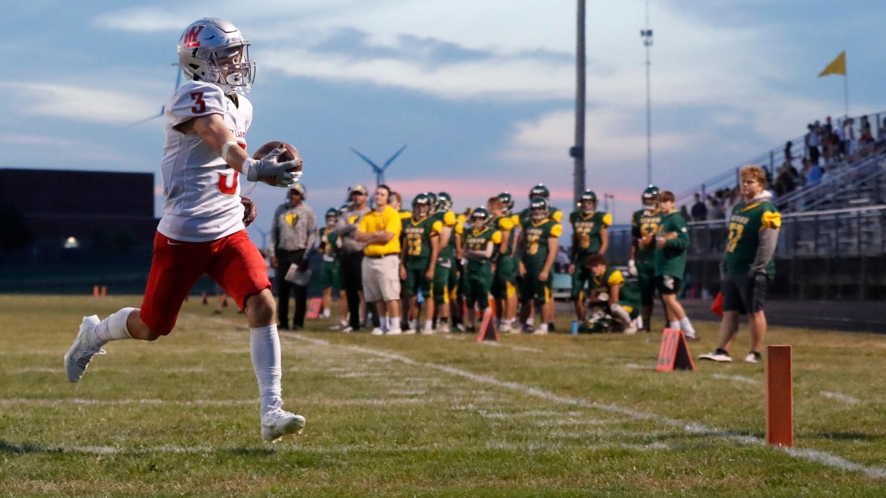 West Lafayette Red Devils Benny Speaker (3) reaches into the end zone for a touchdown during the IHSAA football game against the Benton Central Bison, Saturday, Sept. 23, 2023, at Benton Central High School in Oxford, Ind.