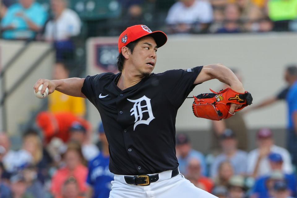 Detroit Tigers starting pitcher Kenta Maeda (18) pitches during the first inning against the Toronto Blue Jays at Joker Marchant Stadium in Lakeland, Florida, on Thursday, March 7, 2024.