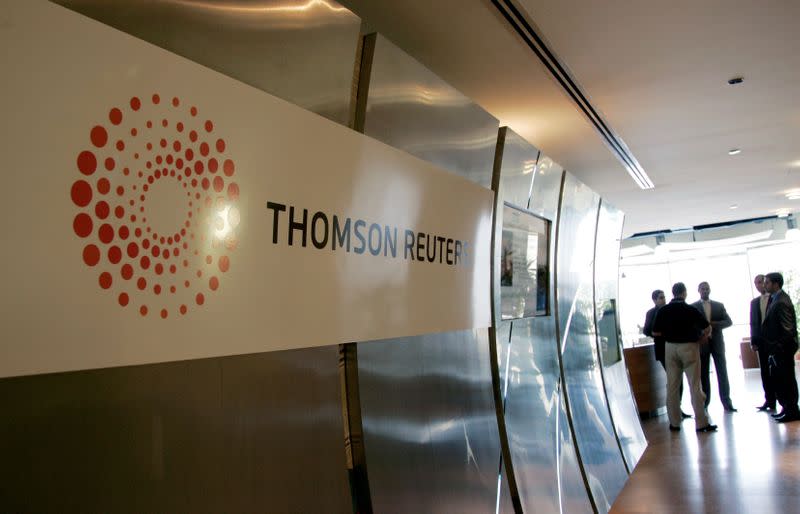 FILE PHOTO: Plaque with the new logo of Thomson Reuters adorns the entrance of the Dubai office