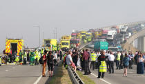 A general view of the scene on the London bound carriageway of the Sheppey Bridge Crossing near Sheerness in Kent following a multi vehicle collision earlier this morning.