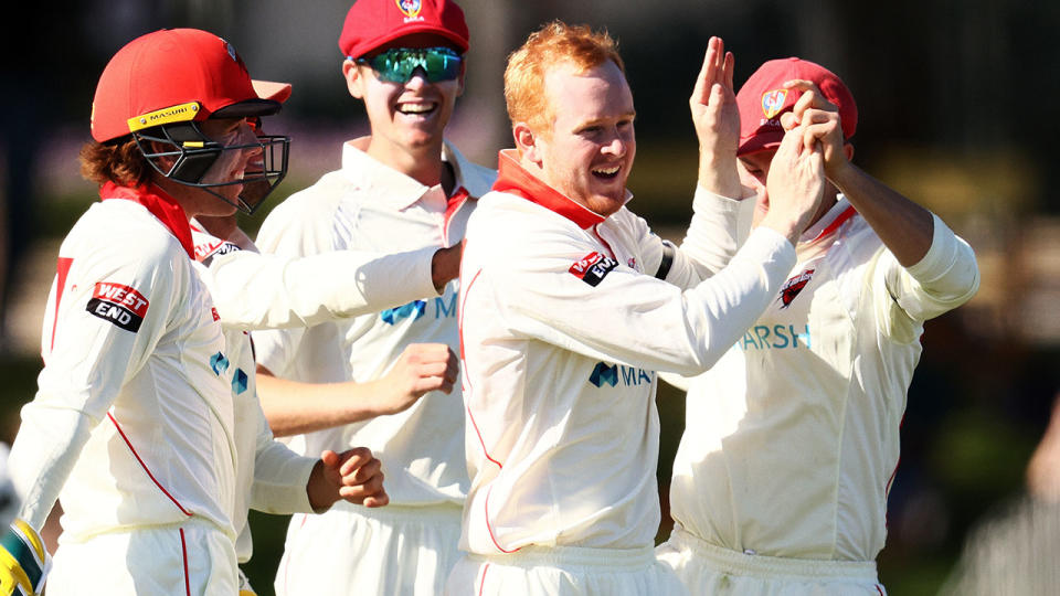 Lloyd Pope, pictured here celebrating a wicket for South Australia against Western Australia.