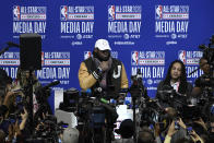 LeBron James, of the Los Angeles Lakers, talks with the media during the NBA All-Star basketball game media day, Saturday, Feb. 15, 2020, in Chicago. (AP Photo/David Banks)