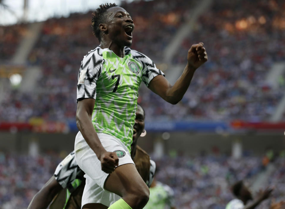 <p>Nigeria’s Ahmed Musa celebrates his team’s second goal </p>