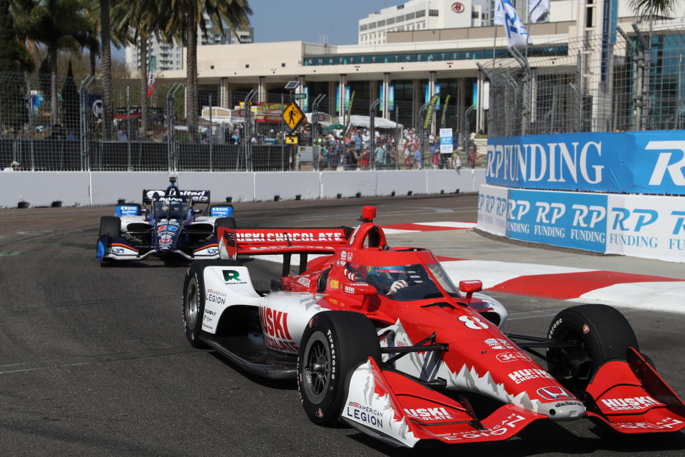 ST. PETERSBURG, FL - MARCH 04: IndyCar driver Marcus Ericsson (8) drives through turn 10 during practice for the Firestone Grand Prix of St. Petersburg on March 4, 2023, at the St. Petersburg Street Circuit in St. Petersburg, Florida. (Photo by Brian Spurlock/Icon Sportswire via Getty Images)