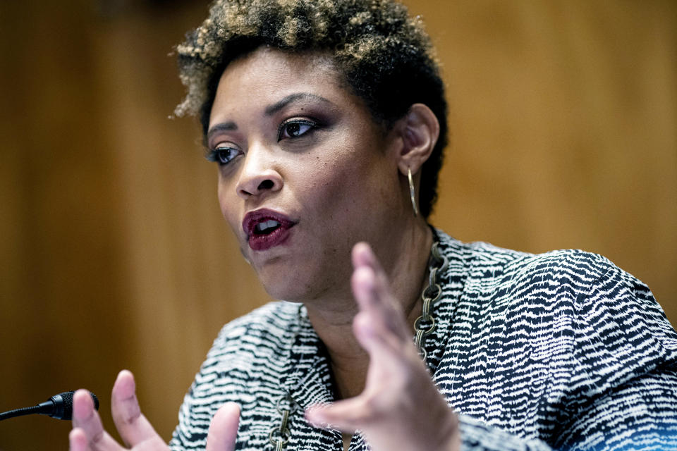 FILE - Shalanda Young, President Biden's nominee for Director of the Office of Management and Budget (OMB), speaks during a Senate Homeland Security and Governmental Affairs Committee confirmation hearing, Feb. 1, 2022 in Washington. Young is awaiting a vote by the Senate to confirm her as director. She would be the first Black woman to lead the office if confirmed, which is expected. Six Black members of President Joe Biden's Cabinet will be meeting for a Black History Month event Thursday highlighting their roles in the administration, some of which are historic firsts. (Al Drago/Bloomberg via AP, File)