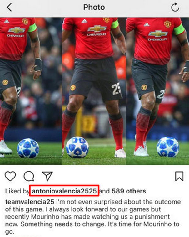 Antonio Valencia ‘liked’ a post suggesting Man Utd boss Mourinho should be sacked