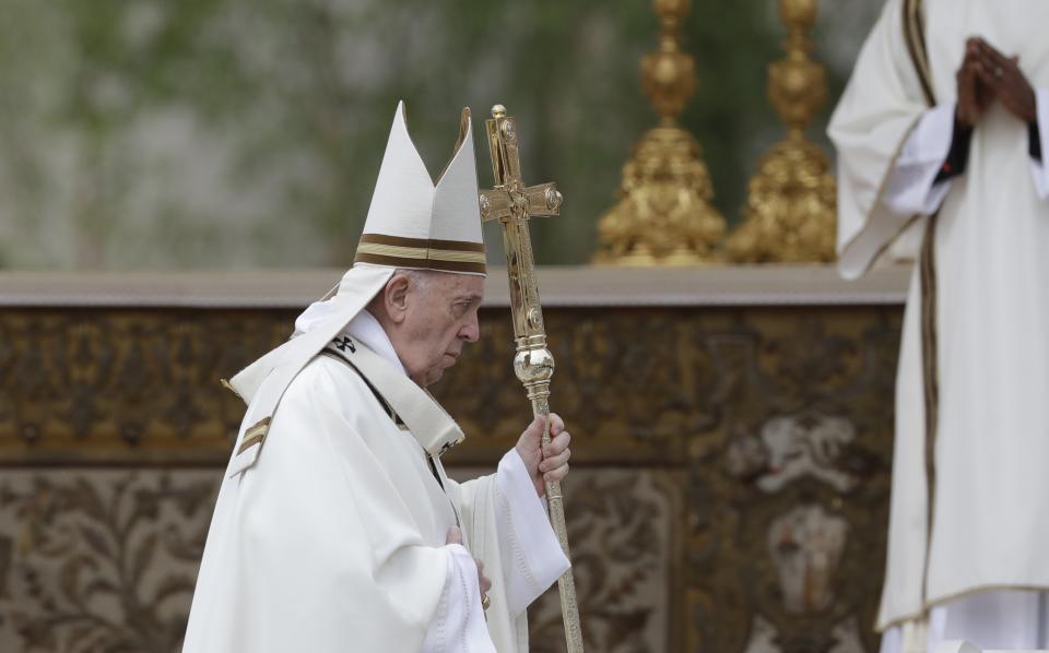 Pope Francis holds his pastoral staff as he celebrates Easter Mass in St. Peter's Square at the Vatican, Sunday, April 21, 2019. (AP Photo/Andrew Medichini)