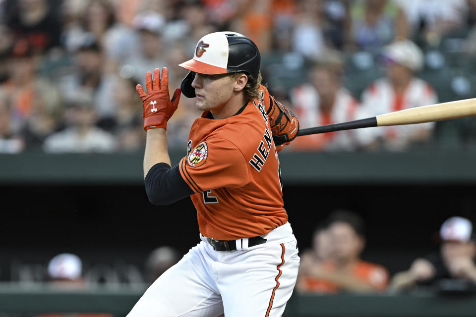 Baltimore Orioles' Gunnar Henderson grounds out against the Colorado Rockies during the first inning of a baseball game Saturday, Aug. 26, 2023, in Baltimore. (AP Photo/Terrance Williams)